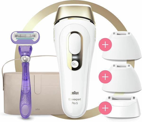 Braun IPL Silk Expert Pro 5, IPL Hair Removal, System for Permanently Visible Hair Removal at Home, Alternative to Laser Hair Removal, PL5347, White/Gold